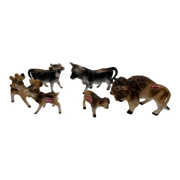 Other - Vintage Bone China Animal Figurines Lot Japan Deer Cow Buffalo Miniatures Set 6